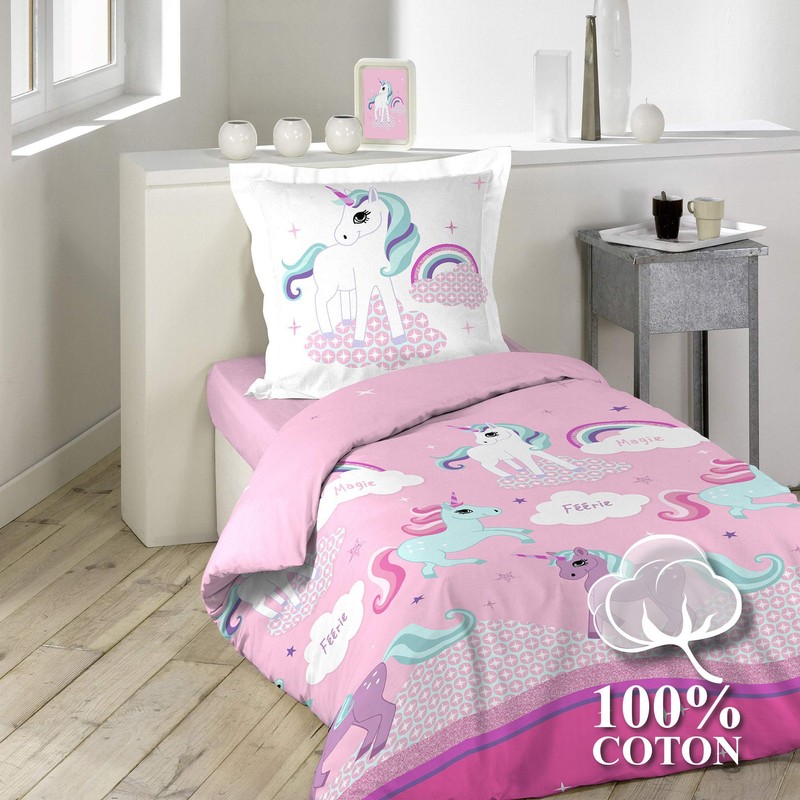 Douceur d’Intérieur Unicorn Bedding Set with Pillowcase, Cotton, Multicoloured, 140