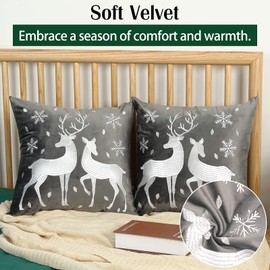 Lewondr Christmas Soft Velvet Throw Pillow Cover, 2 Pack Deer Snowflake Embroidery Decorative Throw Pillow Case Luxurious Sofa Cushion Cover for Home Christmas Decoration 18"x18"(45x45cm), Gray