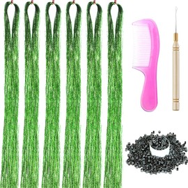 6 Packs 43 Inch Hair Tinsel Extensions with Tools Kit 1200 Strands Tinsel Hair Extensions for Women Girls Heat Resistant Sparkling Shiny Glitter Hair Pieces for Christmas Cosplay Party (43 inch,green)