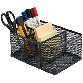 MyGift Black Metal Mesh Pencil Holder, Desktop Office Supplies Pen Cup Storage Organizer Caddy with 4 Compartments