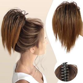 Colorfulpanda Ponytail with Clip Straight Short Clip in Claw Hair Scrunchie Hairpiece Ponytail Natural Synthetic Hair Hair Extensions Messy Bun Dark Brown with Blonde for Women Girls