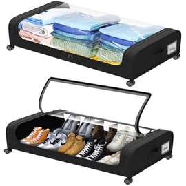 2 Pack Under Bed Storage with Wheels, Under Bed Shoe Storage Larger Capacity with PVC Clear Window & Label, Under the Bed Storage Containers for Shoe Clothes Toy Book(Black)