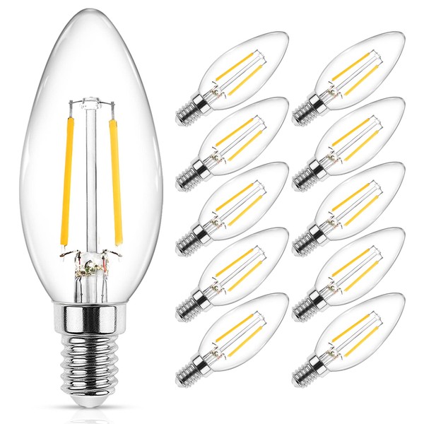 Ascher Classic E12 LED Candelabra Light Bulb, Equivalent 40W, Warm White 2700K, Filament Clear Glass, Non-Dimmable, Pack of 10