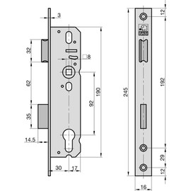 DY220018 Mortise Lock ES 958 PZW 92 mm Strike Plate, 30 mm Pin
