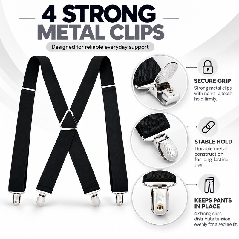 Adjustable 4-Clip Elastic X-Back Suspenders, 3.5 cm Wide Polyester Braces