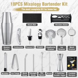 Boston Cocktail Shaker Set, 18PCS Bartender Kit Bar Tools Set with Stand & Recipe, Bar Mats for Bartending, Professional Barware Mixing Tools Cocktail Kit, for Drink Mixing Bar Party, Sliver