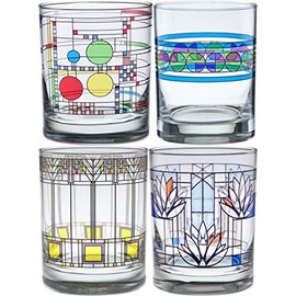 Frank Lloyd Wright Double Old-Fashioned DOF Set of 4 Assorted Glasses (Set A): Coonley Playhouse, Saguaro Cactus, Tree of Life, and Waterlilies