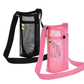 WPNCYK Water Bottle Carrier, 2 Pack Water Bottle Holder with Shoulder Strap, Durable Water Bottle Bag for Hiking, Camping, Walking, Sports, and Gym, Black and Pink, 19.5 * 9 Cm, Fabric Material