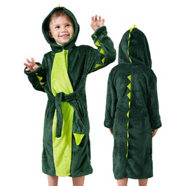 LOLANTA Kids Robe Boys Girls Dinosuar Plush Fleece Hooded Bathrobe with Belt Animal Soft Sleepwear(Dark Green,S/5-6Y)