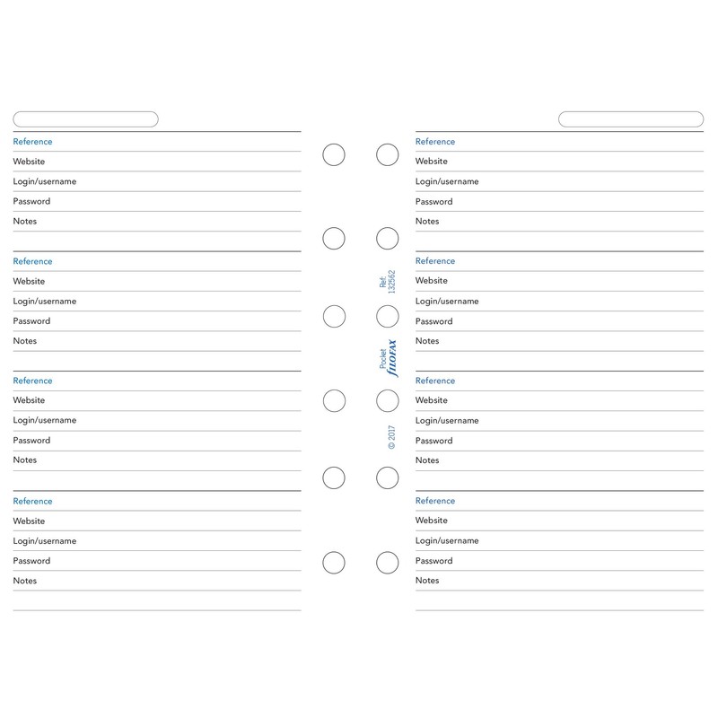Filofax Pocket Password Paper Refill, White, 81 x 120 mm