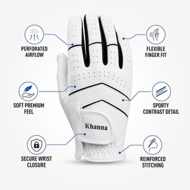khanna Golf Glove for Men, Left Hand Right Golf Gloves with Breathable Stretch Mesh, Premium Leather Non-Slip Durable Design, Comfortable All Weather Golf Glove for Practice, Training and Competition