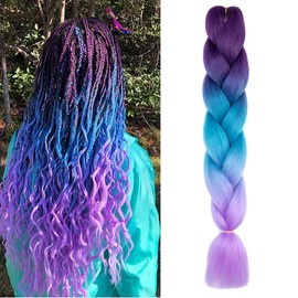Braiding Hair Ombre Purple to Lake Blue to Light Purple 24 Inch Braid Hair Extensions Hot Water Setting (C26-1Pack)
