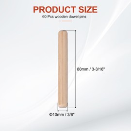 PATIKIL Wooden Dowel Pins 3/8" x 3-3/16" (10mm x 80mm) Straight Dowel Rods Wood Fluted Dowels Rods for Crafts Furniture DIY Hardwood Count 60