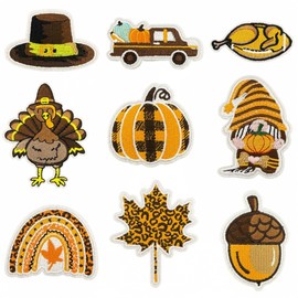 9 Pieces Fall Thanksgiving Day Iron on Patches for Clothes, Autumn Theme Embroidered Sew on Appliques Fall Maple Leaf Turkey Pumpkin Dwarf Design Repair Patches DIY Craft for Jacket Dress Backpack Hat