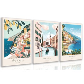 Cyebmo Framed Italy Travel Wall Art, Amalfi Coast Landscape Wall Decor, Blue Venice Coast Wrapped Canvas Artwork, Italian Modern City Aesthetic Picture for Living Room Bedroom Bathroom 16"x24"