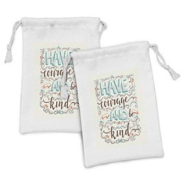Lunarable Be Kind Be Brave Fabric Pouch Set of 2, Ornamental Have Courage and Be Kind Message with Arrows Swirls, Small Drawstring Bag for Toiletries Masks and Favors, 9" x 6", Teal Orange Chocolate