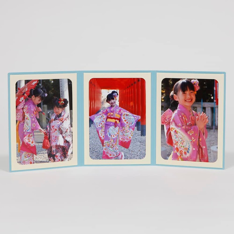 山田屋台紙店 写真台紙 七五三 お宮参り ポケット台紙 『祝・七五三/鳥居・千歳飴』 2Lサイズ 3面タテ (ブルー)