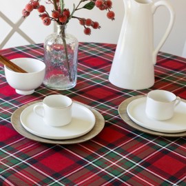 Benson Mills Holiday Plaid Yarn Dyed Fabric Table Cloth, Holiday, Winter, and Christmas Tablecloth (70" Round, Red)