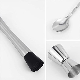 Stainless Steel Shaker Set,with Cocktail Crushed Popsicle Mixing Stick Muddler Stirring Spoon and 10/30ml Double-Ended Measuring Cup 3in1 Home Bar Tools Set