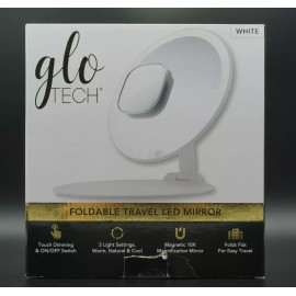 GloTech Foldable Travel LED Mirror, White Opened Box
