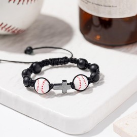 Artlunar Baseball Football Soccer Basketball Volleyball Cross Bracelet For Teen, Natural Stone Bracelet, Gifts for Boys Girls (Baseball)
