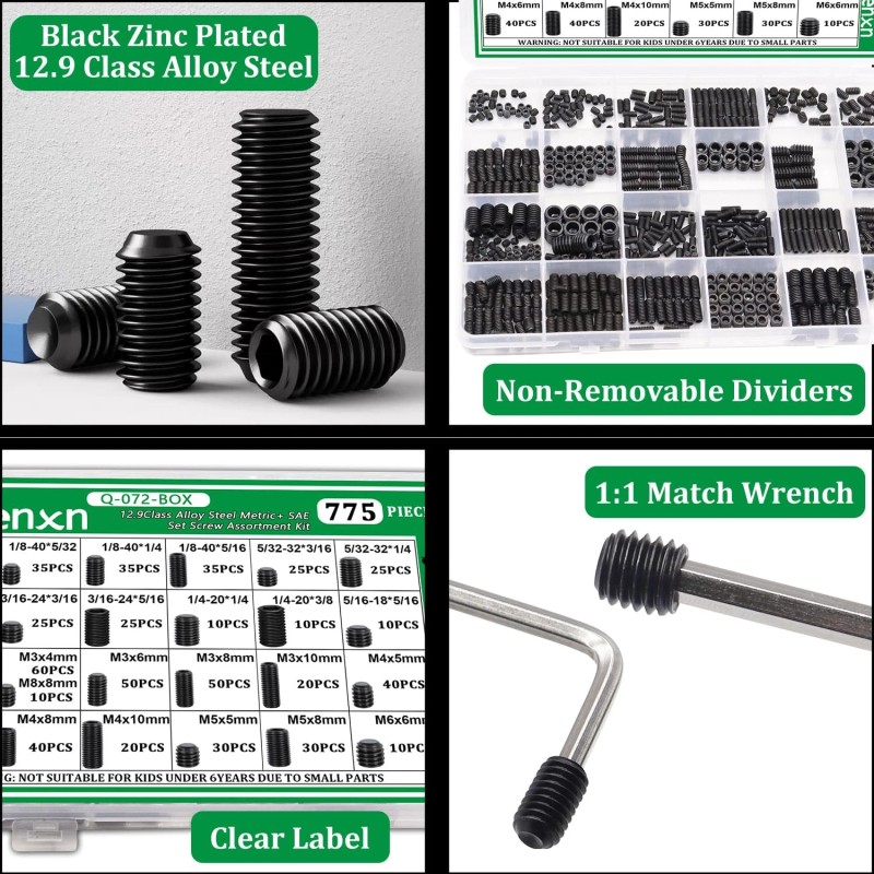 Aienxn 775PCS Metric +SAE Set Screw Assortment Kit Hex Socket
