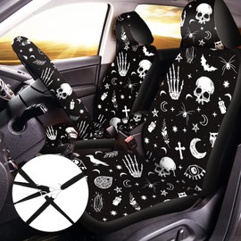26 Pieces Skeleton Cat Moon and Stars Car Seat Cover Full Set for Women Men Rubber Steering Wheel Cover License Plate Frame Mirror Covers Moon and Stars Car Accessories for Car SUV Truck (Skeleton)