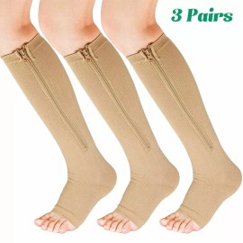 SXY-GA® Open Toe Compression Socks for Men Women DVT Zipper Support Stockings 20-30mmHg - Beige 3Pairs Compression Socks, L/XL (20-30 mmhg), Open Toe Socks with Zipper