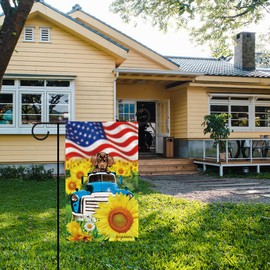 MALIHONG July of 4th Dog Garden Flag Peeking Dog Siberian Husky in Blue Retro Truck Sunflower USA American Flag Background Patriotic Summer Fall Banner 12.5x18 Inch Vertical Double Sided