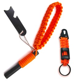 Bundle Survival Ferro Rod Fire Starter and Keychain Kit, Flint Steel Bushcraft Waterproof Thick Heavy Duty Style Handcrafted Magnesium Multi Tool with Striker, Paracord for Camping Hiking 4” x ½”