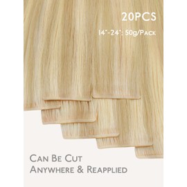 WENNALIFE Genius Seamless Tape in Hair Extensions Real Human Hair, 16 Inch 50g 20 pcs Light Blonde Highlighted Golden Blonde Tape in Hair Extensions Remy Hair Luxury Invisible Straight Hair Hand Tied