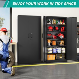 SISESOL Metal Storage Cabinet with 2 Doors and 6 Shelves,Black Metal Cabinet with Lock,71" Lockable Garage Storage Cabinets,Locking File Cabinet,Steel Tool Cabinets for Home,Office,Garage,Shop,School