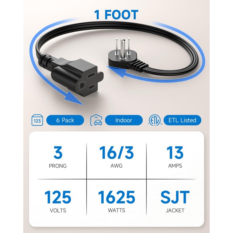 Flat Plug Short Extension Cord 1Ft Low Profile Adapter 3