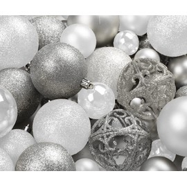 100 Silver and White Christmas Ornament Balls Shatterproof + 100 Metal Ornament Hooks, Hanging Ornaments for Indoor/Outdoor Xmas Christmas Tree, Holiday Party Home Décor 1.2" 1.6" & 2.4"