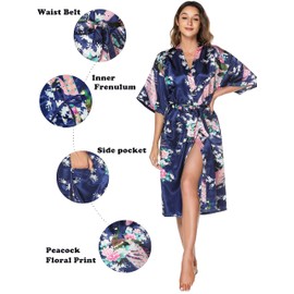Lovasy Kimono Dressing Gowns Satin Kimono Robe Peacock and Blossoms Silk Dressing Gown for Women UK Long Silk Bride and Bridesmaid Robes,Dark Blue,M