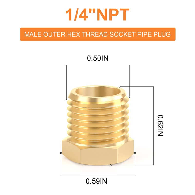 GASHER Brass 1/4" NPT Male Outer Hex Thread Socket Pipe