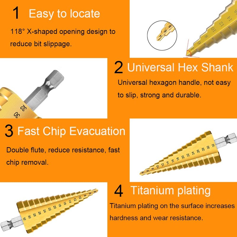 3Pcs Step Bits Set Hss High Speed Steel Step Drill