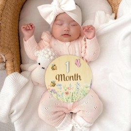 Baby Monthly Milestone Cards – Wooden Monthly Milestone Discs for Newborn Photography – Baby Announcement Sign (Circle Flower)
