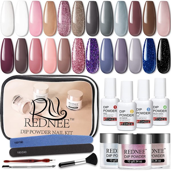 REDNEE 24 Colors Dip Powder Nail Kit Starter Nude Pink French Collection for DIY Salon Nail Art Manicure Set No LED Nail Lamp Needed RE15