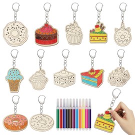 Unfinished Wood Crafts, Kaluofan 12PCS Dessert Donut Cupcake Ice Cream Party Favors Craft Wood, DIY Keychain with Key Ring, Cute Dessert Shape Wood Cutouts Hanging Decorations