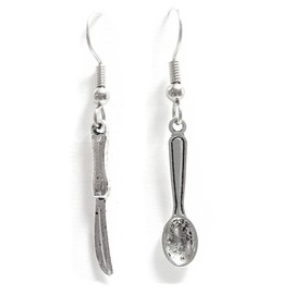 Knife (25x4mm) and Spoon (24x6mm) - Silver alloy charm dangle earrings. Hypoallergenic fishhooks, ball post or clip-on backing options