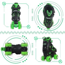 Nattork Adjustable Roller Skates for Kids - Green - Model 139 - Light-up wheels - Size: Large (5-8)
