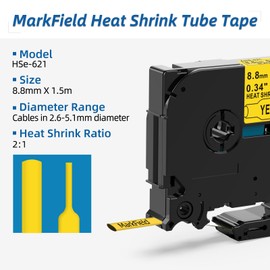 3X MarkField Compatible Label Tape Replacement for Brother P Touch Heat Shrink Tube HSe-621 HSe621 8.8mm Cassette Black on Yellow for PT-E110 E300 E550W PT-D200 D400 H105 H107 H200 900 1000 1010