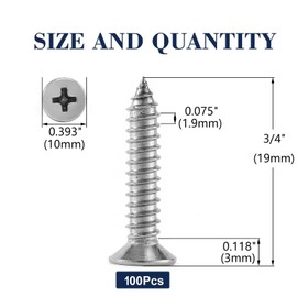 #12 x 3/4'' Wood Screw Fix 100Pcs 18-8 (304) Stainless Steel Screws Flat Head Phillips Fast Self Tapping Drywall Screws by SG TZH