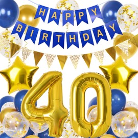 40th Birthday Decorations for Men, Navy Blue Gold Balloons and Happy Birthday Banner, 40 Inch Number 40 Foil Balloons with Bunting, for Men Women Party Decoration