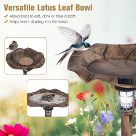 ReunionG Outdoor Solar Bird Bath, 30 Inch Pedestal Birdbath & Feeder Combo w/Lotus Leaf Water Basin, Flower Planter, Solar Powered Lamp, Vintage Decorative Birdbath for Garden Yard Patio (Bronze)