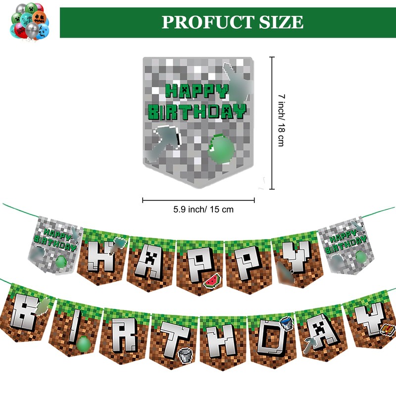 DABAOOU Gaming Pixel Birthday Cartoon Party Decoration, 1Pcs Happy Birthday