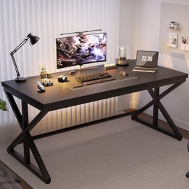 IBF Modern Black Computer Desk, Long Home Office Desk for Writing Study, Large Simple Wood Metal Work Desk in Bedroom, Big Industrial Pc Gaming Workstation Executive Computer Table, Black Oak, 60 Inch