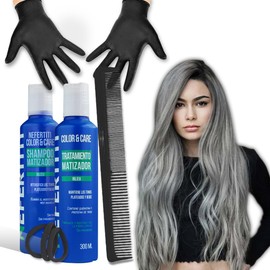 Kit Matizador Bleu para Cabello Rubio con Mechas Platinado Gris o Plata - Shampoo y Tratamiento Matizante Antiamarillo + Peine Donitas y Guantes ALFAMAR - Elimina Visos Amarillos Verdes y Naranjas del Cabello Decolorado