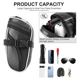 Tongha - Bolsa de asiento de bicicleta resistente al agua, bolsa de almacenamiento de bicicleta debajo del asiento, bolsa de almacenamiento de bicicleta con capacidad de 1 l, paquete de bicicleta con rayas reflectantes, accesorios de ciclismo, bolsa de s